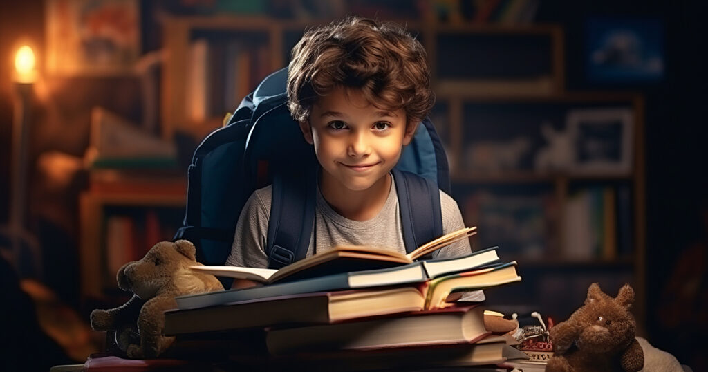 A little boy is reading a book. fairy tale background. back to school. generative ai.