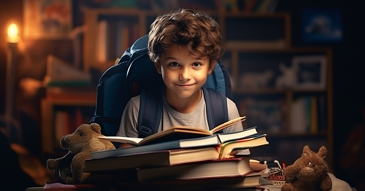 A little boy is reading a book. fairy tale background. back to school. generative ai.