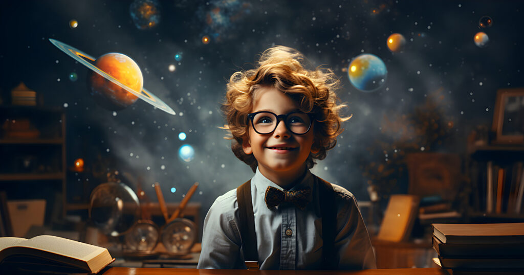 Happy schoolboy at school astronomy lesson, dreaming student, fantasy concept of school education, development and discovery, generated ai