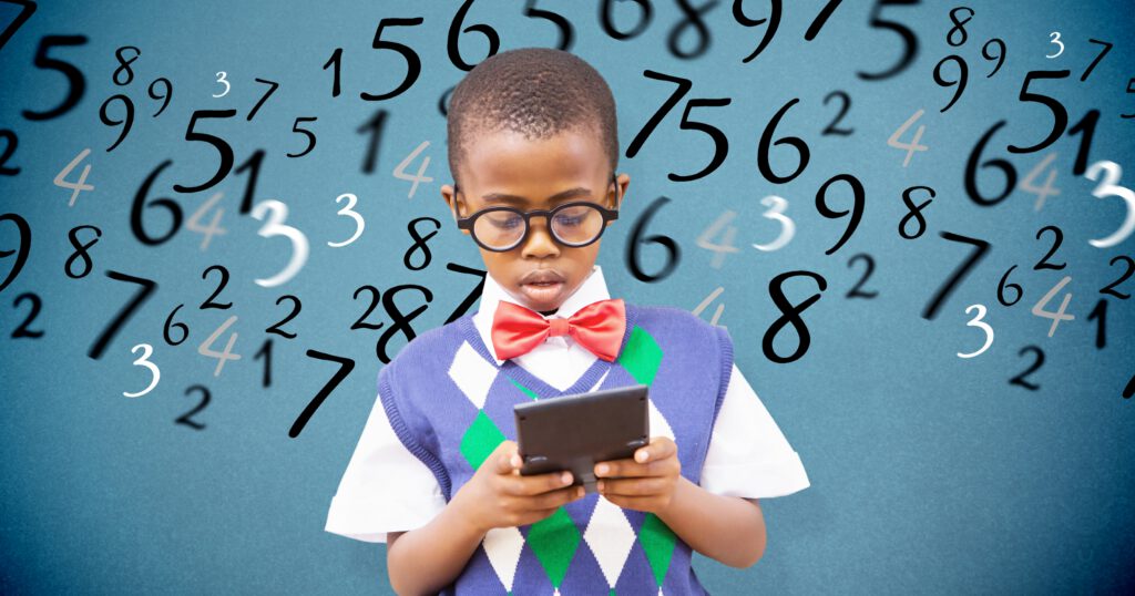 Young Black student with calculator against blue background