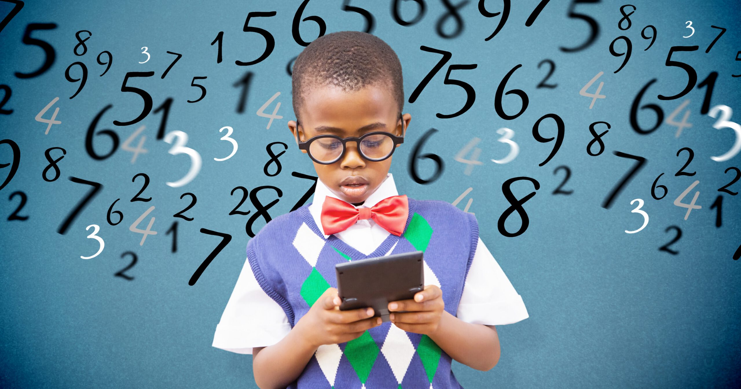 Young Black student with calculator against blue background