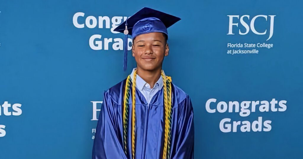 12 year old Cameron Robinson at his college graduation