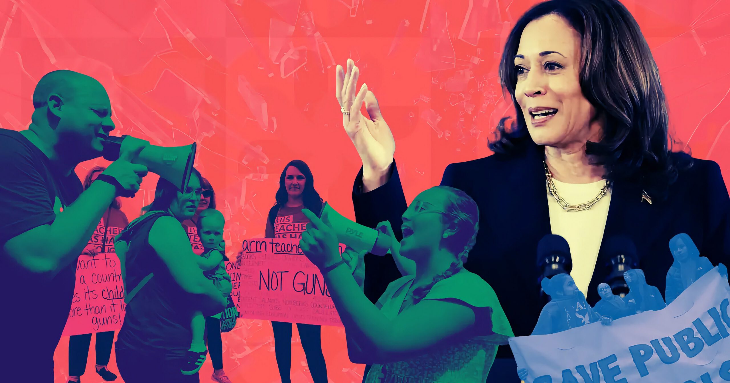 vice President Kamala Harris speaking with carious protesters in the foreground.