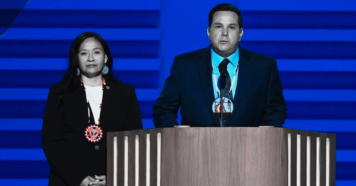 Native American Representatives leading the land acknowledgement at the Democratic National Convention 2024