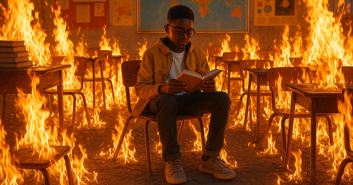 Young Black boy reading calmly in the middle of a burning classroom.