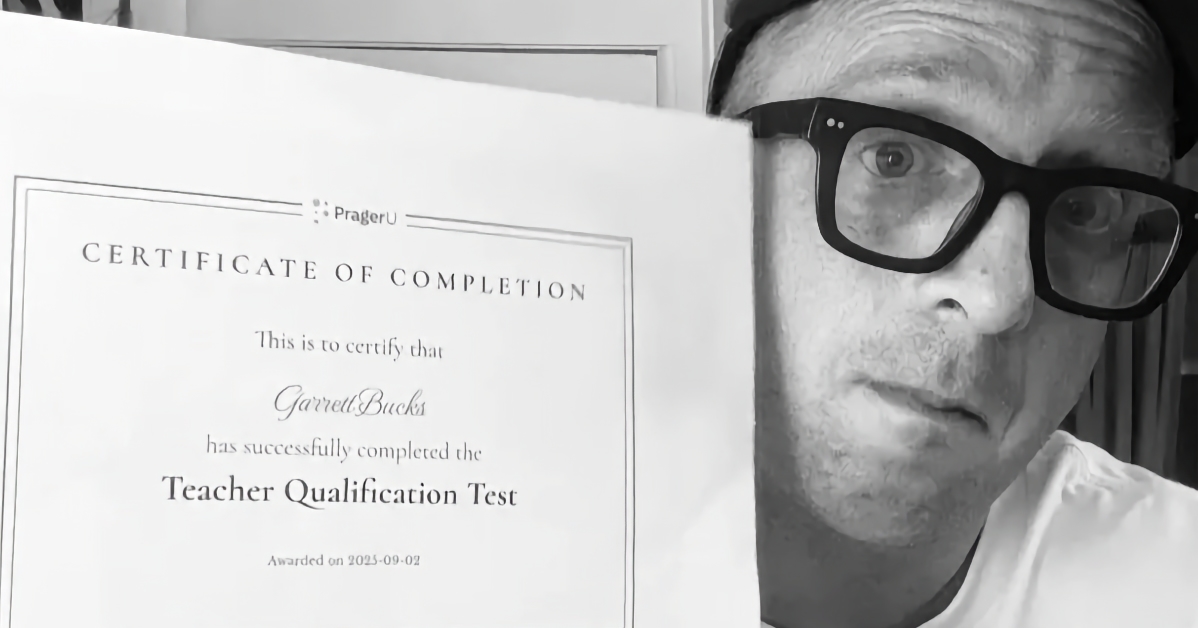 Garrett Bucks displaying his certificate after successfully completing Oklahoma's anti-woke teacher test